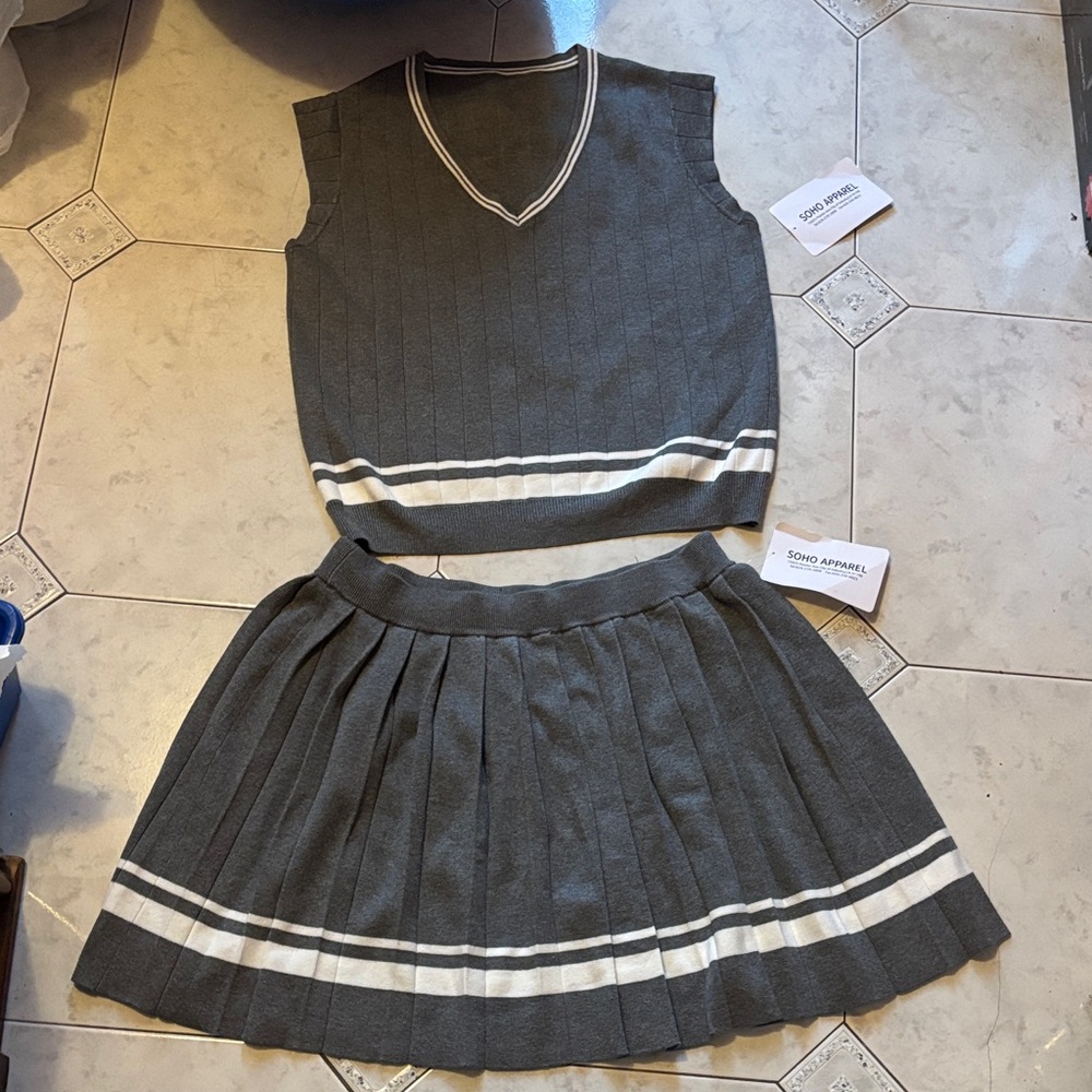 Soho Apparel Gray and White Mini Skirt also Knitted top